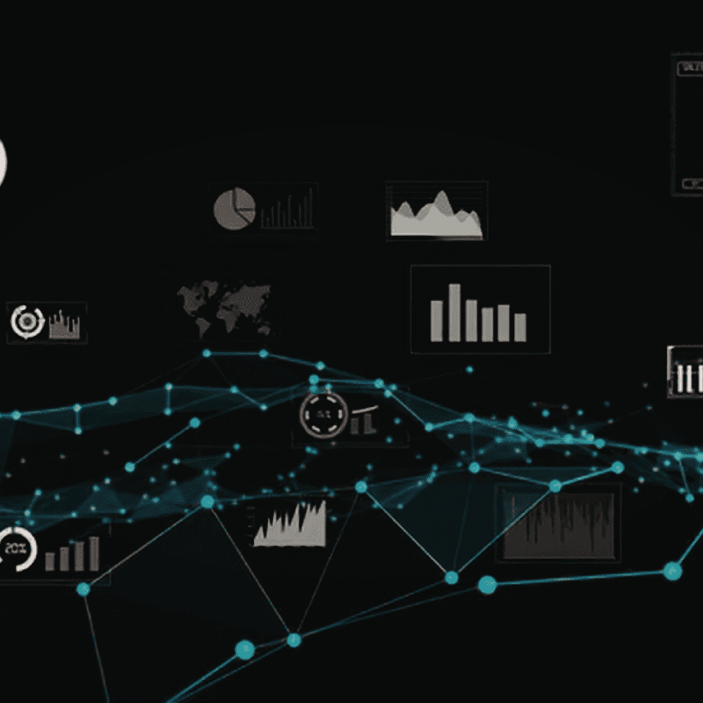 Data visualisation network nodes and charts on a dark background
